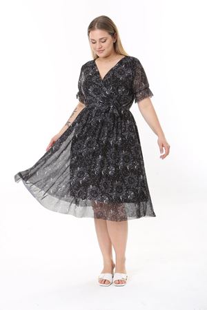 Kruvaze Yaka Büyük Beden Desenli Kısa Kol Elbise 27C-2533