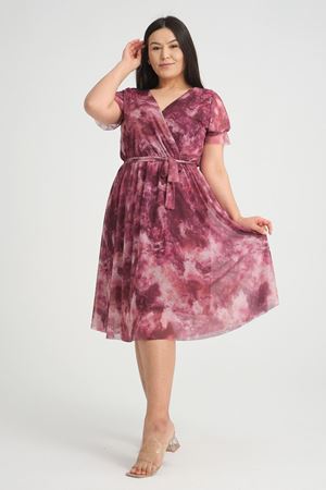 Kruvaze Yaka Büyük Beden Desenli Kısa Kol Elbise 26C-2529