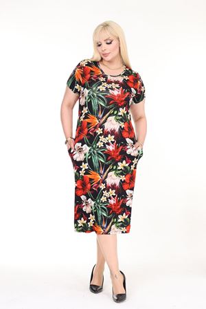 Yazlık Çift Cepli Desenli Esnek Büyük Beden Elbise 18E-2564