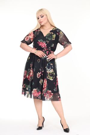 Kruvaze Yaka Büyük Beden Desenli Kısa Kol Yazlık Elbise 33B-2568