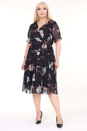 Kruvaze Yaka Büyük Beden Desenli Kısa Kol Yazlık Elbise 29D-2569