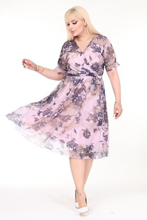 Kruvaze Yaka Büyük Beden Desenli Kısa Kol Yazlık Elbise 1B-2570