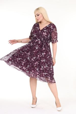 Kruvaze Yaka Büyük Beden Desenli Kısa Kol Yazlık Elbise 25B-2571