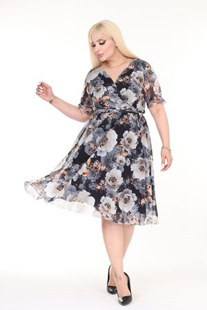 Kruvaze Yaka Büyük Beden Desenli Kısa Kol Yazlık Elbise 20C-2572