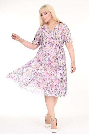 Kruvaze Yaka Büyük Beden Desenli Kısa Kol Yazlık Elbise 21D-2573