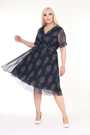 Kruvaze Yaka Büyük Beden Desenli Kısa Kol Yazlık Elbise 21A-2576