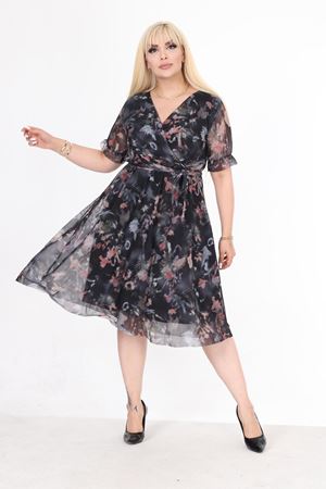 Kruvaze Yaka Büyük Beden Desenli Kısa Kol Yazlık Elbise 18C-2581