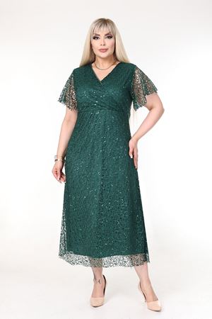 Kruvaze Yaka Büyük Beden Payetli Yeşil Abiye Elbise 11B-2637