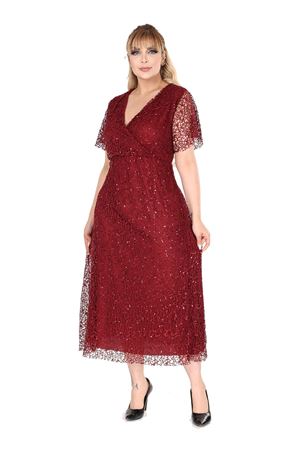 Kruvaze Yaka Büyük Beden Payetli Bordo Abiye Elbise 4E-2680