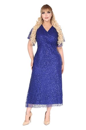 Kruvaze Yaka Büyük Beden Payetli Saks Abiye Elbise 12C-2679