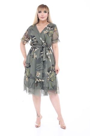 Çiçek Desenli Şifon Kruvaze Yaka Kuşaklı Büyük Beden Midi Elbise 7E-2681