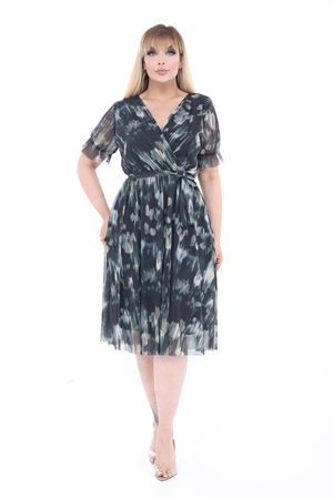 Çiçek Desenli Kruvaze Yaka Kuşaklı Büyük Beden Midi Elbise 18C-2682