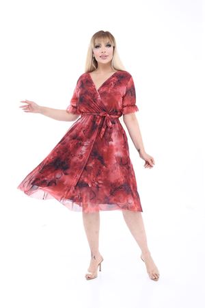 Çiçek Desenli Kruvaze Yaka Kuşaklı Büyük Beden Midi Elbise 10B-2683