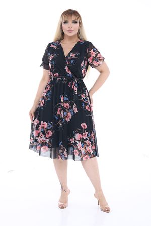 Çiçek Desenli Kruvaze Yaka Kuşaklı Büyük Beden Midi Elbise 25C-2684