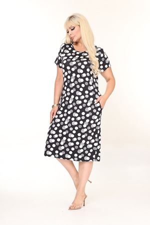 Siyah Beyaz Puantiyeli Cepli Rahat Kesim Yazlık Günlük Elbise 44D-2689