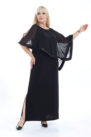 Büyük Beden Siyah Şifon Pelerinli Sim Detaylı Abiye Elbise 45B-2694