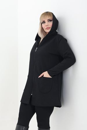 Büyük Beden Cepli Kapüşonlu Fermuarlı Siyah Hırka 26E-2762