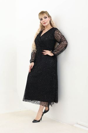 Siyah Dantel Detaylı Kruvaze Yaka Uzun Kollu Abiye Elbise 21C-2764