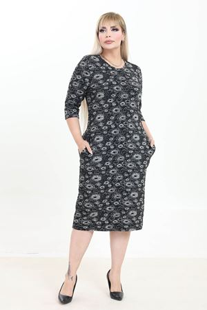 Çift Cepli Desenli Esnek Kışlık Büyük Beden Desenli Midi Elbise 12E-2768