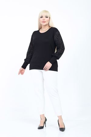 Siyah Büyük Beden Transparan Puantiyeli Tül Kol Bluz 5B-2776