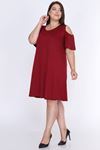 Omuzu Açık Bordo Büyük Beden Elbise 7A-0645