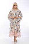 Bej Desenli Dantelli Büyük Beden Elbise J1-1318