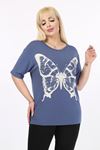 Kelebek Baskılı Taşlı Büyük Beden Tshirt 37B-2096