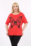 Kelebek Baskılı Taşlı Büyük Beden Tshirt 37B-2097