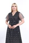 Kruvaze Yaka Büyük Beden Payetli Gri Abiye Elbise 13C-2328