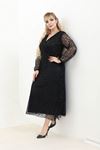 Siyah Dantel Detaylı Kruvaze Yaka Uzun Kollu Abiye Elbise 21C-2764